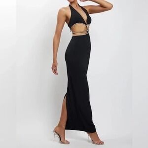 Meshki Nicha Diamante cut out midi dress black with rhinestones
